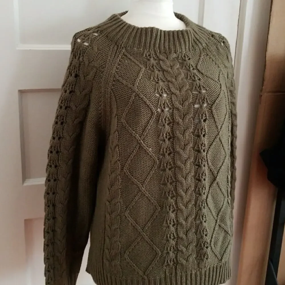New J.Crew Chunky Knit Olive Cable knit sweater Size XXL Preppy Old Money